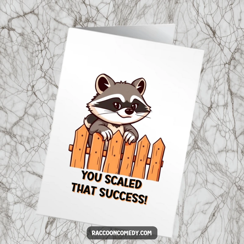Funny Free Printable Congrats Card: Sly raccoon with a grin scaling a stylized fence, celebrating success.