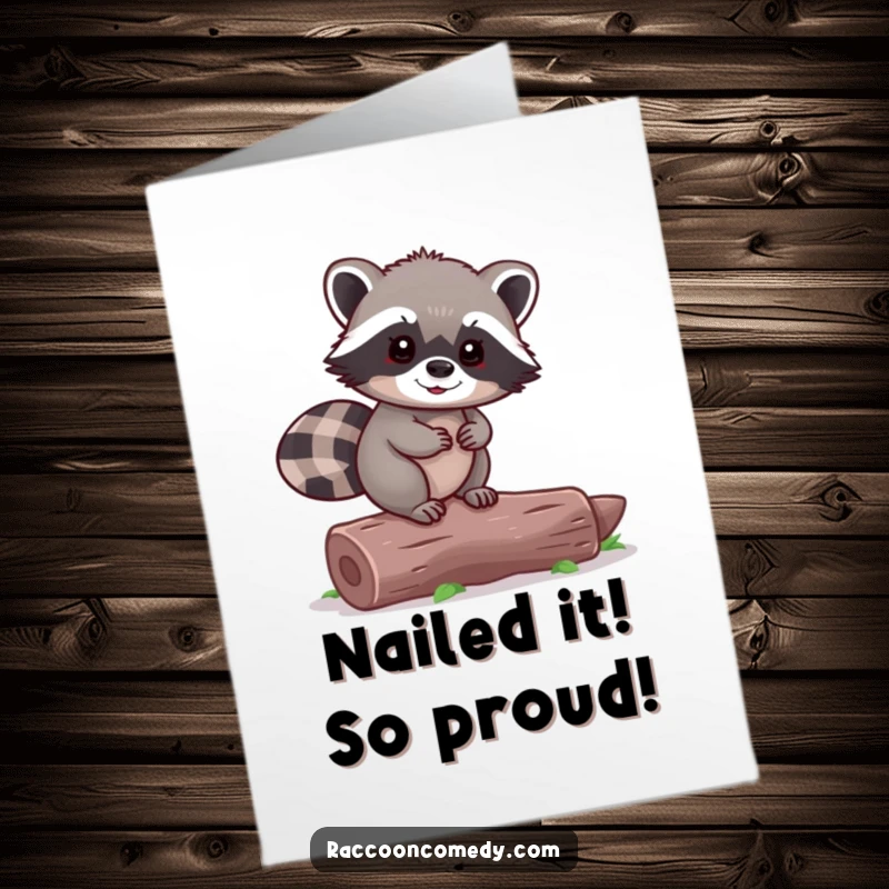 Funny Free Printable Congratulations Card: Tiny raccoon gleefully balancing on a log, celebrating a win with cheer.