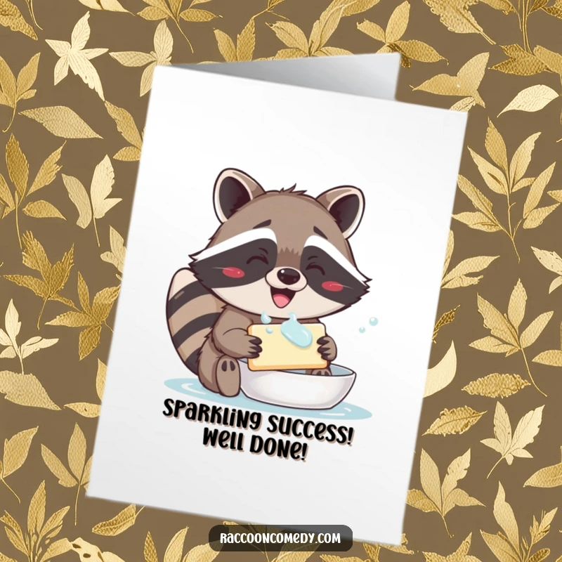 Funny Free Printable Raccoon Congratulations Card: Delighted raccoon washing soap, a hilarious and unique way to say congrats.