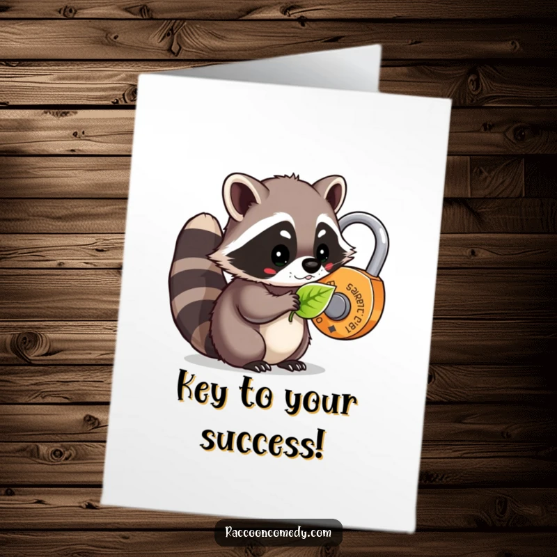 Funny Free Printable Congratulations Card: Kawaii raccoon ingeniously unlocks a whimsical lock with a leaf.