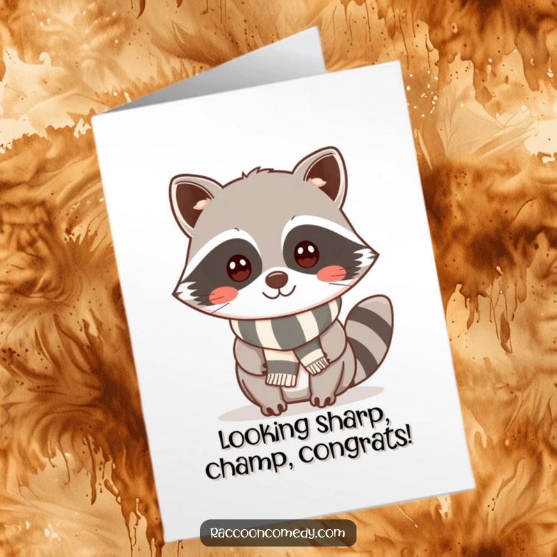 Funny Free Printable Congrats Card: Kawaii raccoon with a cheeky smile, wearing a small, striped scarf, celebrating.
