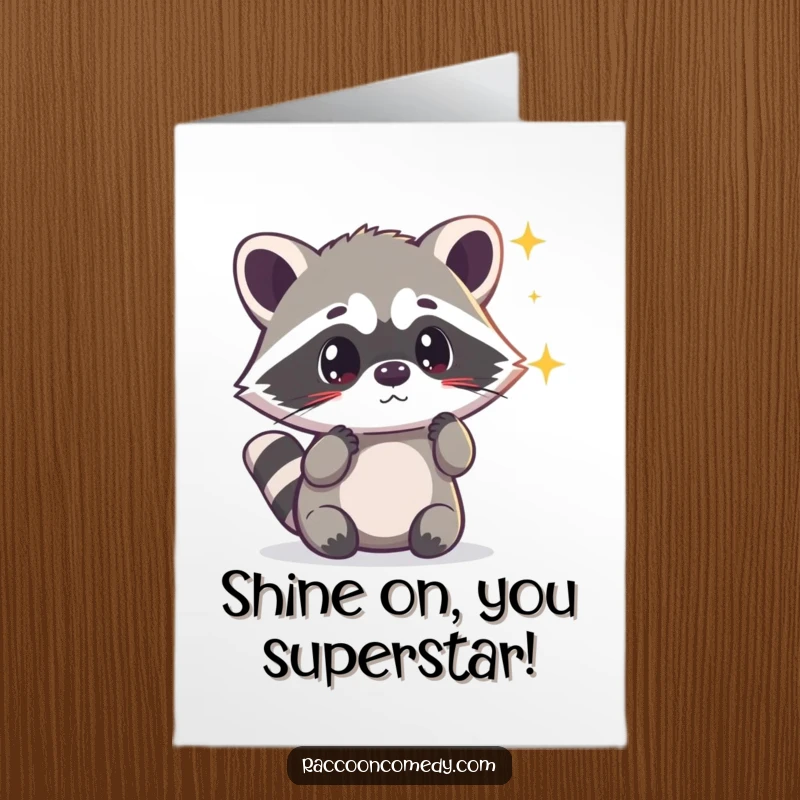 Funny Free Printable Congrats Card: Kawaii raccoon looking surprised by a shimmering light, in awe.