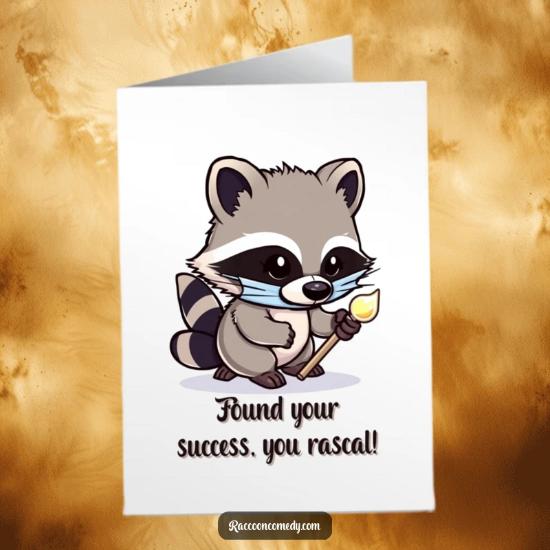 Humorous free printable congratulations card: A masked raccoon sneakily tiptoes off with a sparkly item.