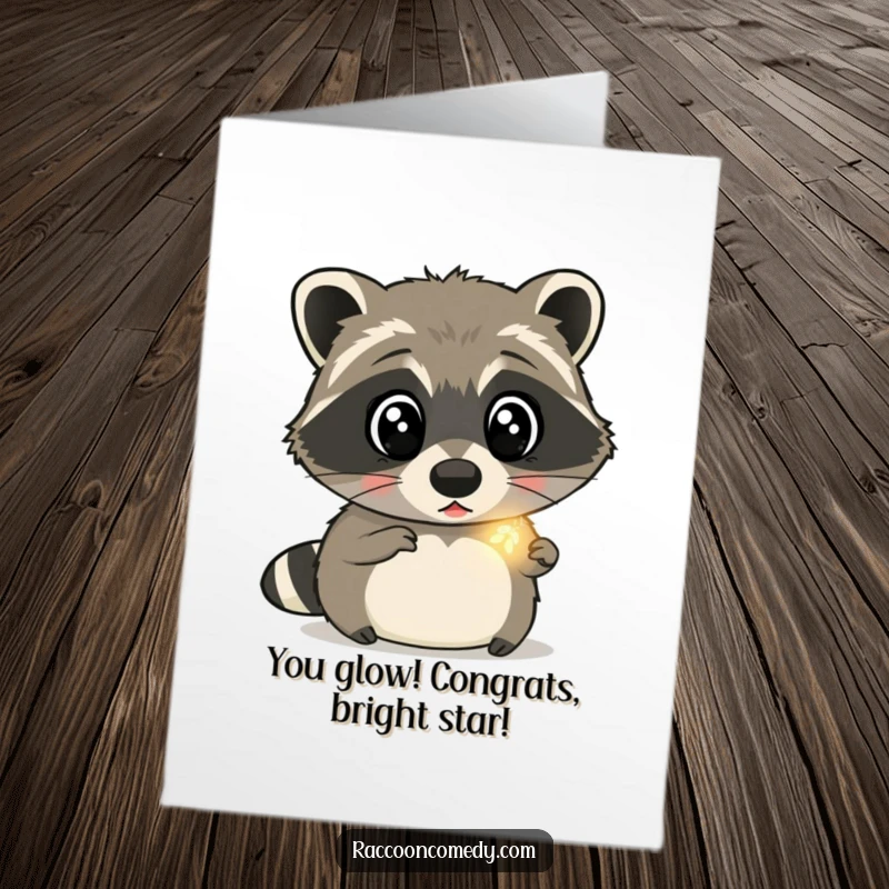 Funny Free Printable Congratulations Card: Wide-eyed raccoon in awe of a tiny, magical firefly's glow.