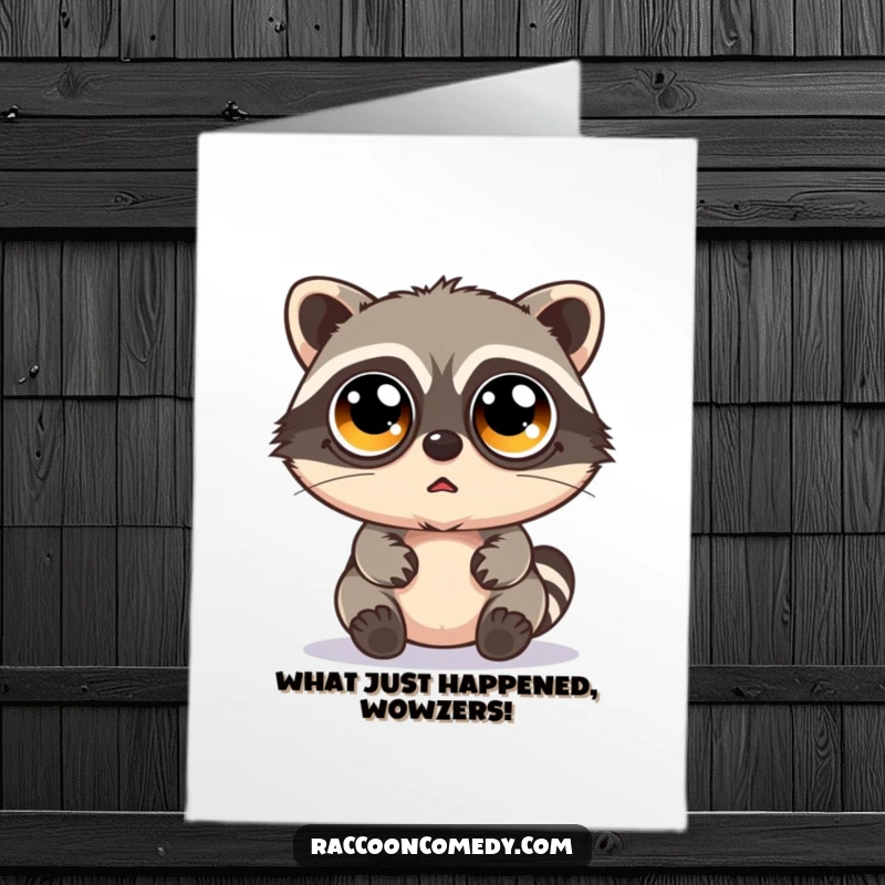 Funny Free Printable Congrats Card: Kawaii raccoon wearing oversized googly eyes, looking amazed.