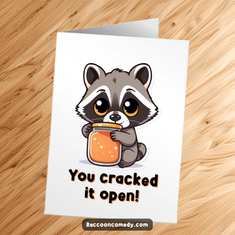 Funny free printable congratulations card of a raccoon with large, round eyes focused on the challenge of opening a jar.