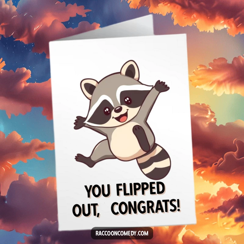 Funny Free Printable Congrats Card: A smiling raccoon in mid-air executing a swift and impressive acrobatic flip.