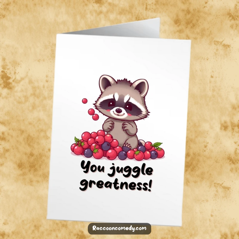 Funny Free Printable Congratulations Card: A cute raccoon with small paws juggling a stack of bright, shiny berries with ease.
