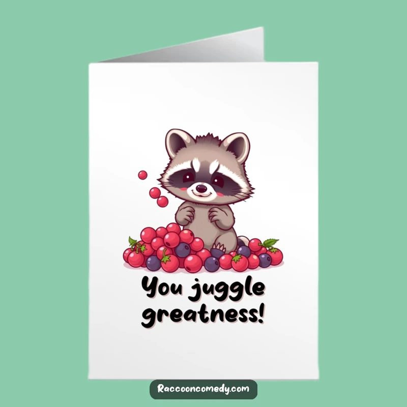 Free Printable Congratulations Card: Raccoon Berry Juggling Funny Downloadable