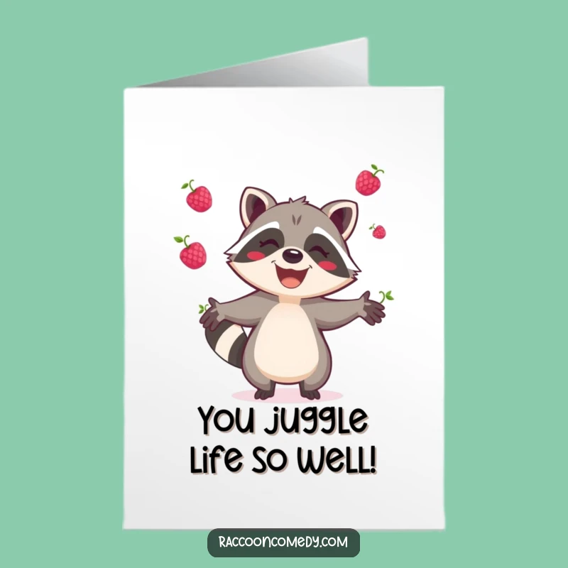 Free Printable Congratulations Card: Juggling Raccoon Celebrates Success, Downloadable Fun