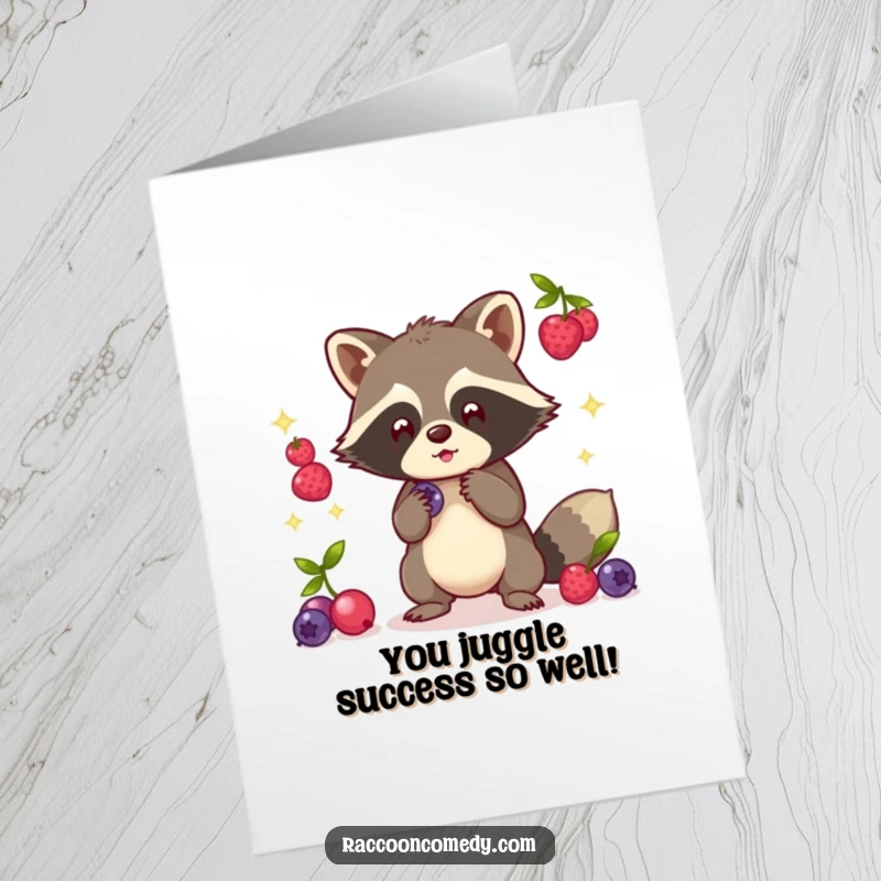 Funny Free Printable Congrats Card: A dexterous kawaii raccoon juggles glowing berries, celebrating a big win.
