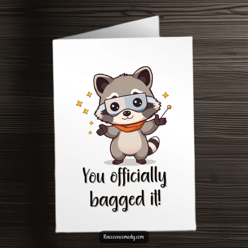 Funny Free Printable Congratulations Card: A kawaii raccoon gleefully juggles shiny treasures in celebration.
