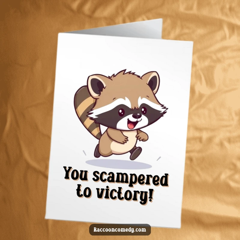 Funny Free Printable Congrats Card: Energetic raccoon cub scampering with joy, celebrating wins with downloadable art.