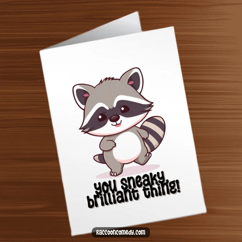 Funny Free Printable Congratulations Card: A kawaii raccoon tiptoeing with a sly smile, celebrating a momentous occasion.