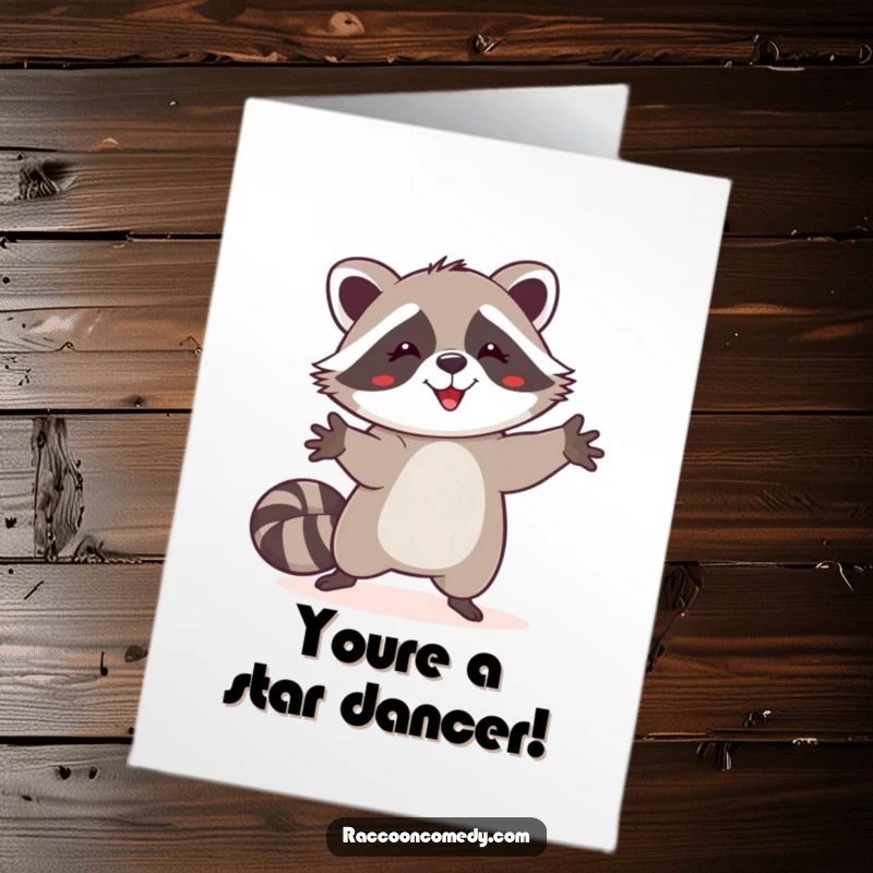 Funny Free Printable Congratulations Card: A happy raccoon is captured mid-dance, paws raised high, expressing exuberant congratulations.