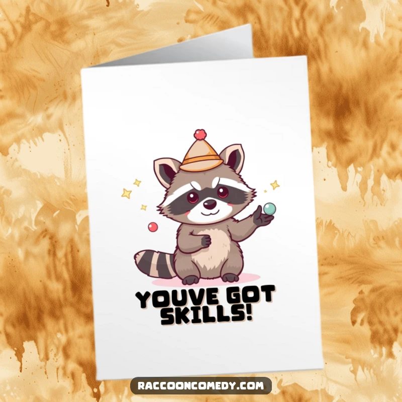 Funny Free Printable Congratulations Card: Adorable raccoon in hat, juggling multiple shiny objects with impressive skill, celebrating success.