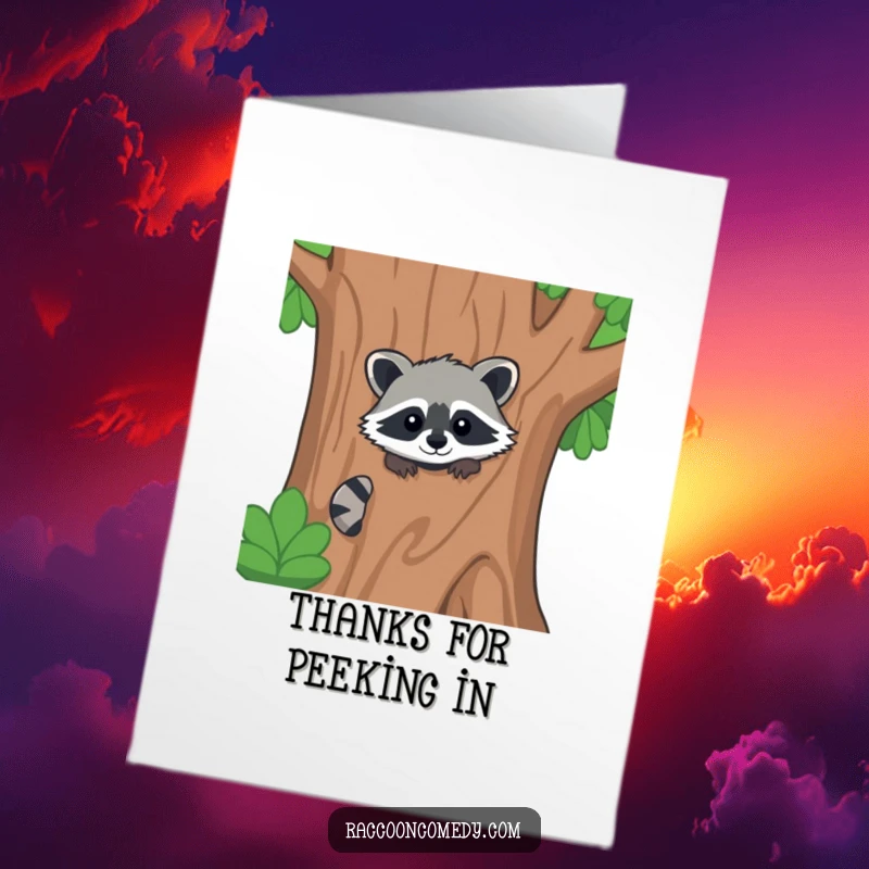 Funny Free Printable Thank You Card: Kawaii raccoon peeking shyly from behind a tree, offering a heartfelt thank you.