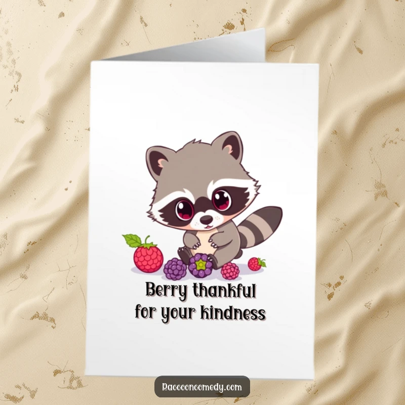 Funny Free Printable Thank You Card: A cute raccoon with eager eyes chases rolling berries. Sweet downloadable art.