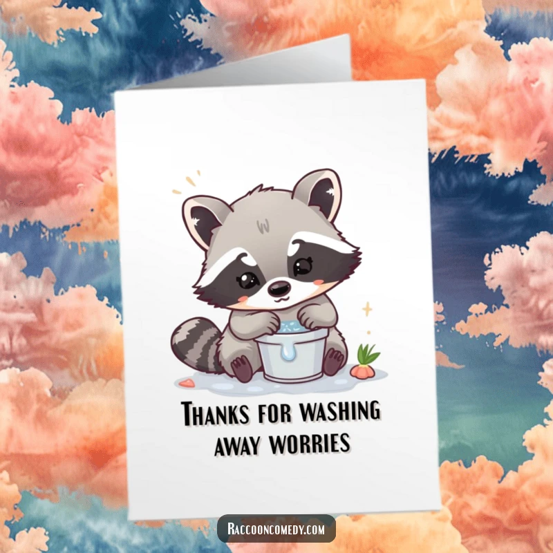 Funny Free Printable Thank You Card: A kawaii raccoon diligently washes something in a tiny bucket, expressing thanks.