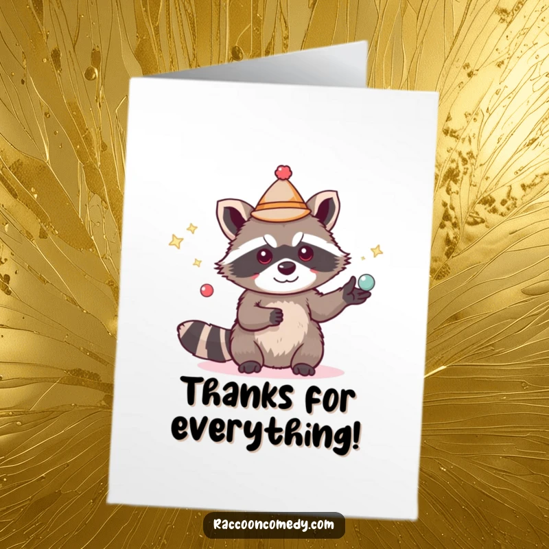 Funny Free Printable Thank You Card: A cute raccoon wearing a small hat juggles shiny items, expressing thanks humorously.