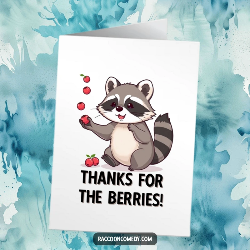 Funny Free Printable Thank You Card: Playful raccoon juggling small berries, expressing thanks.