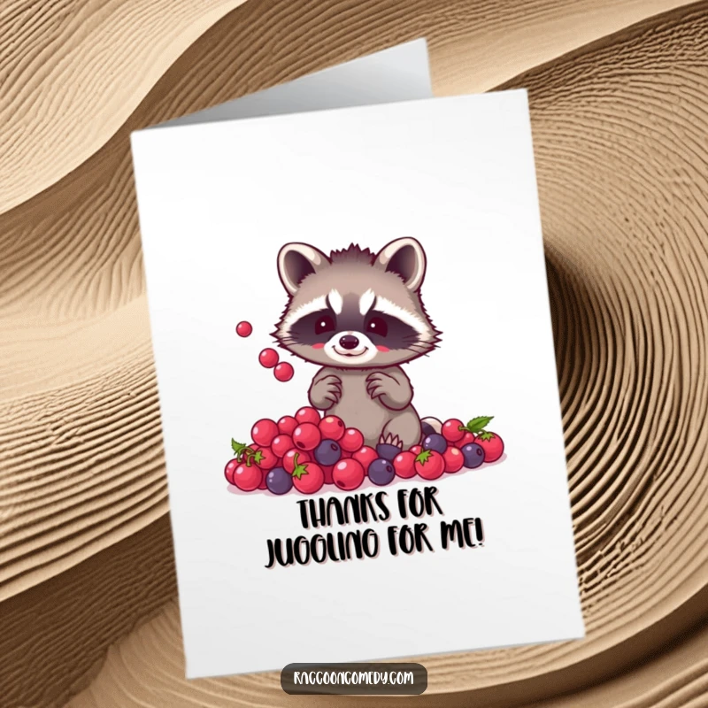 Funny Free Printable Thank You Card: A small raccoon with tiny paws juggling a pile of shiny, colorful berries.