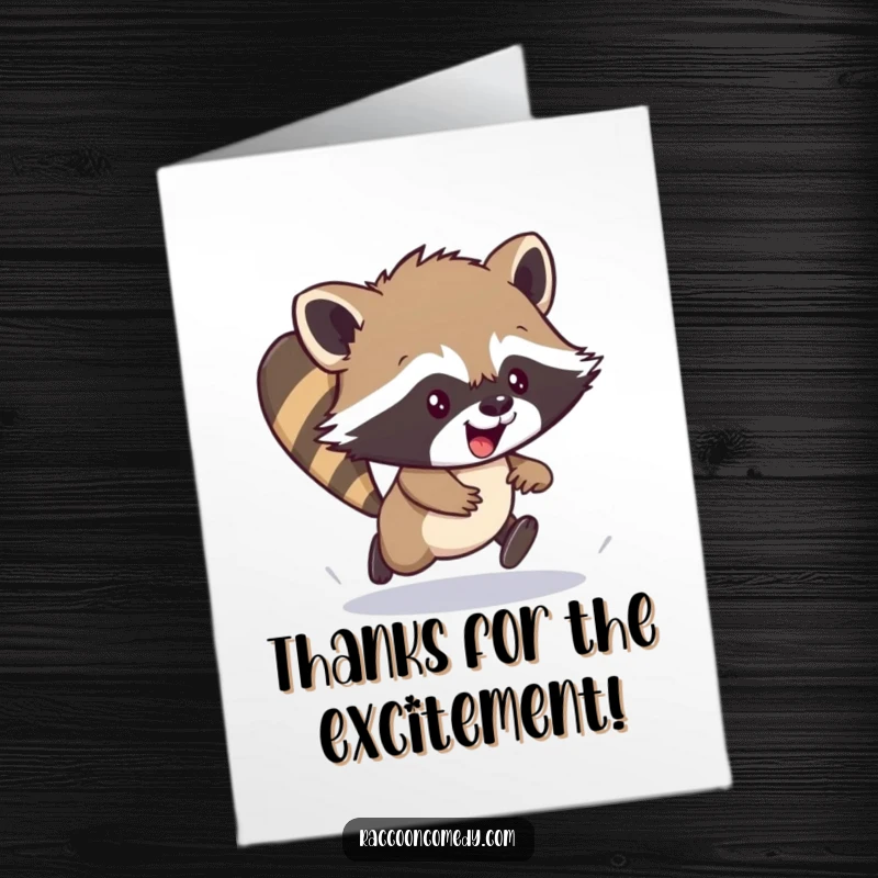 Funny Free Printable Thank You Card: A cute raccoon cub excitedly scampers, offering thanks with downloadable art.