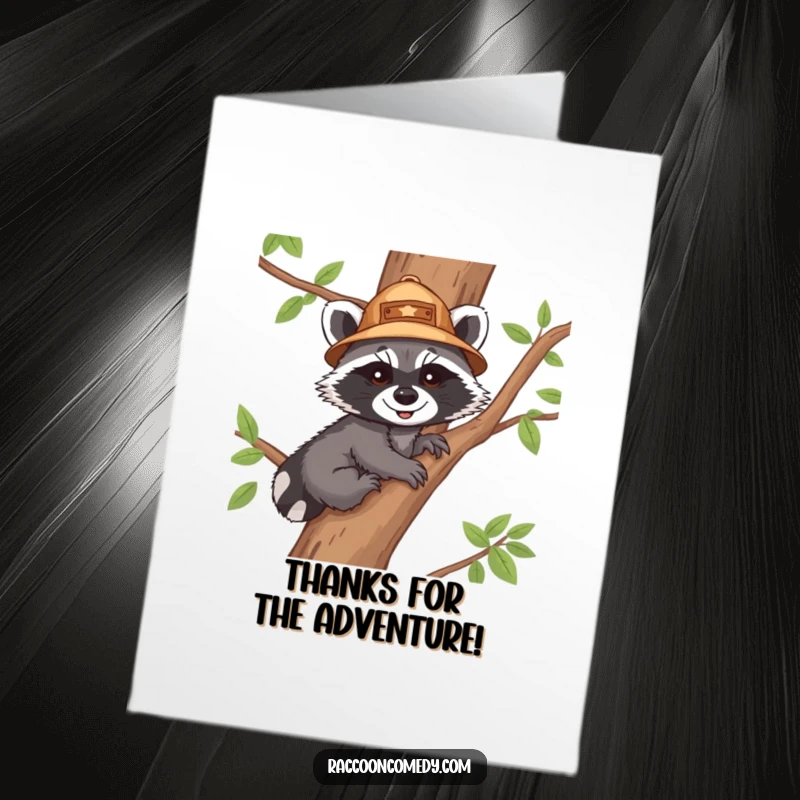Funny Free Printable Thank You Card: Raccoon cub explorer ascends tree, offering thanks with unique downloadable art.