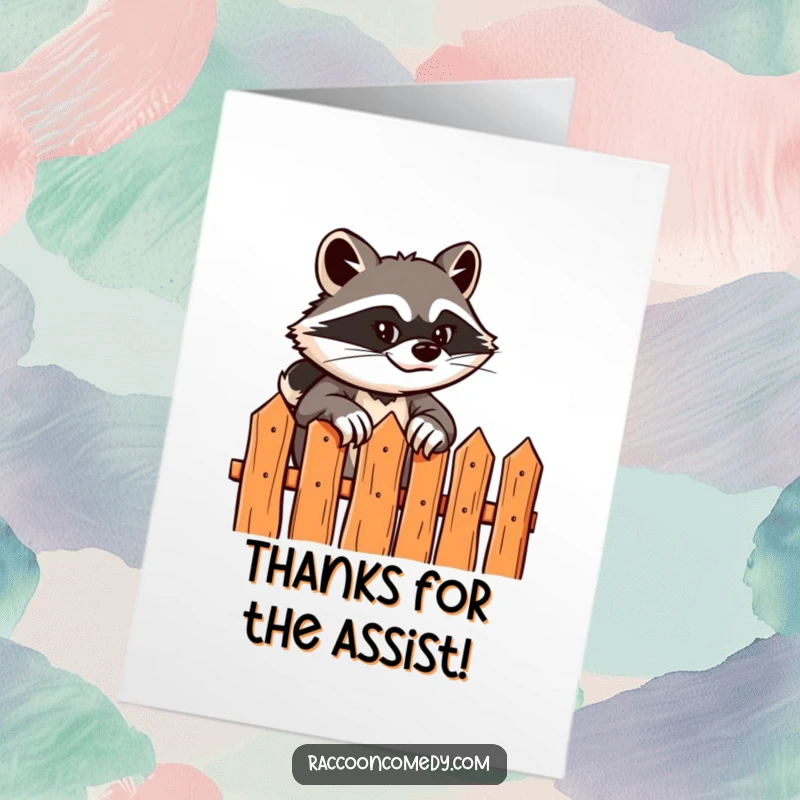 Funny Free Printable Thank You Card: Sly raccoon with a grin scaling a fence, expressing thanks.