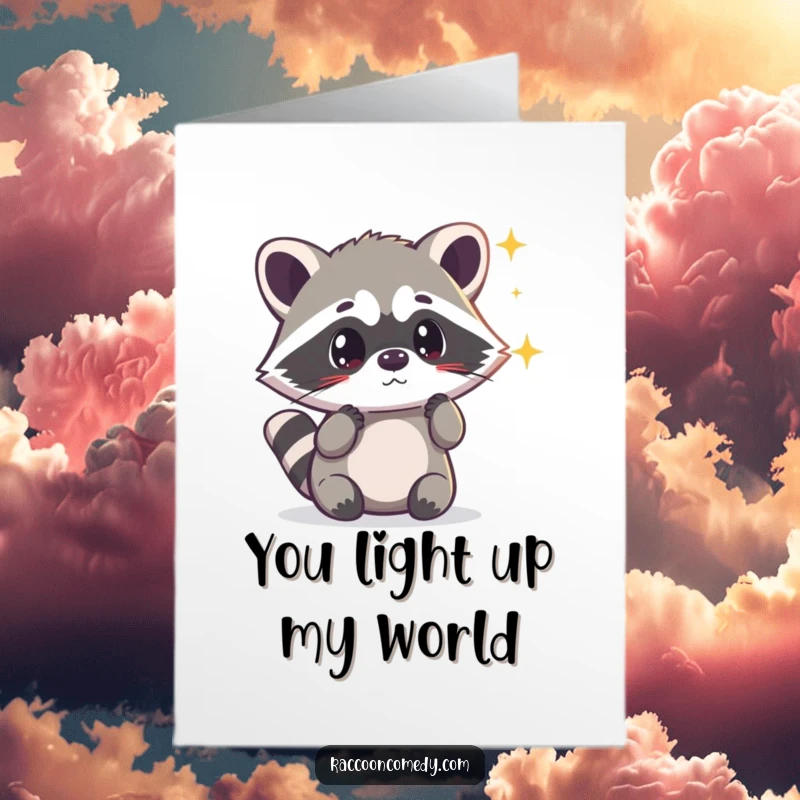 Funny Free Printable Thank You Card: Kawaii raccoon looking surprised by a shimmering light, full of wonder.