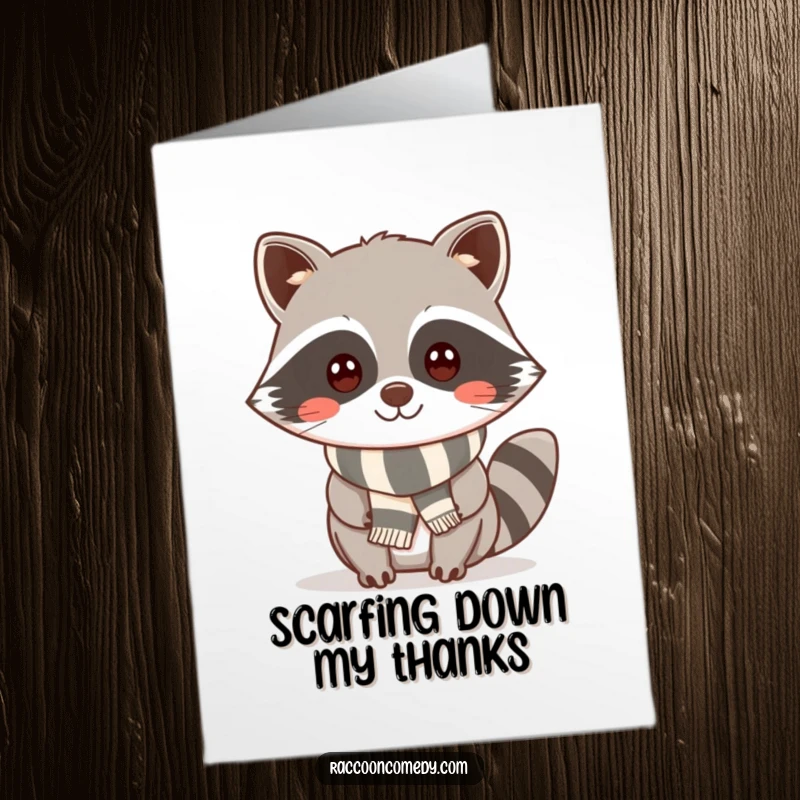 Funny Free Printable Thank You Card: Kawaii raccoon with a cheeky smile, wearing a small, striped scarf, saying thanks.