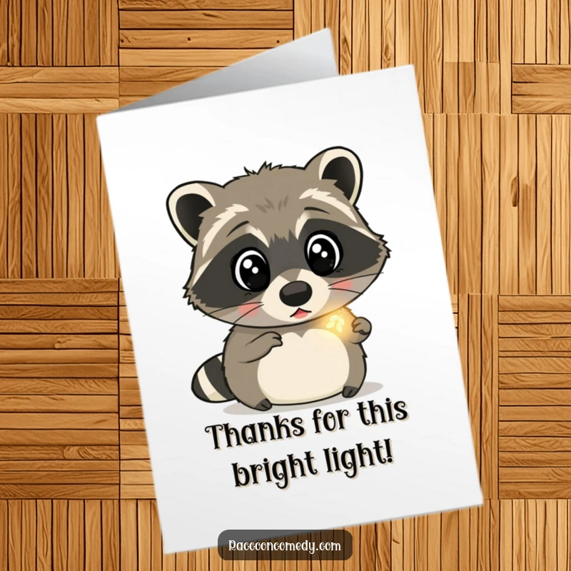 Funny Free Printable Thank You Card: Surprised raccoon fascinated by a tiny, glowing firefly, a magical thank you.