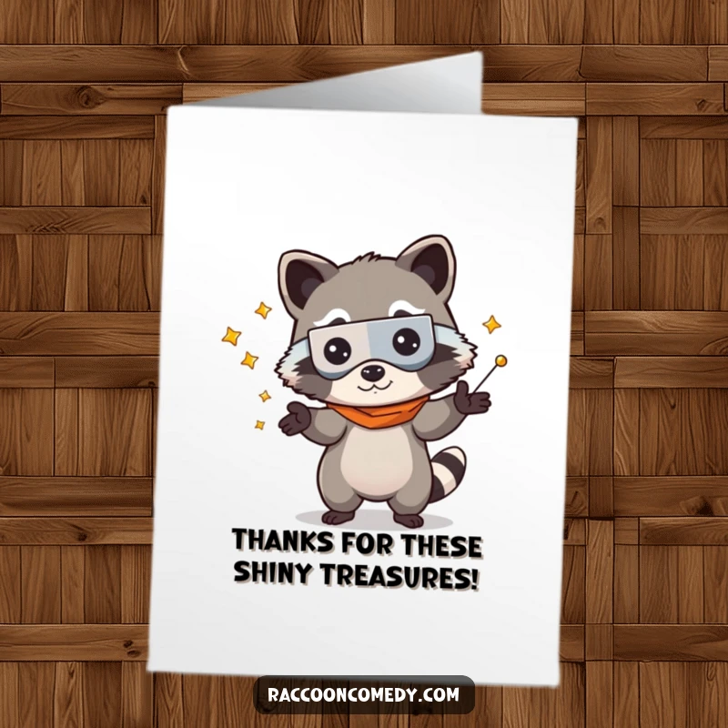 Funny Free Printable Thank You Card: Kawaii raccoon juggling shiny objects, expressing heartfelt thanks.