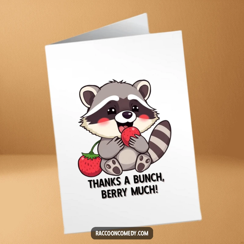 Funny Free Printable Thank You Card: Content raccoon pauses berry feast to express thanks warmly.