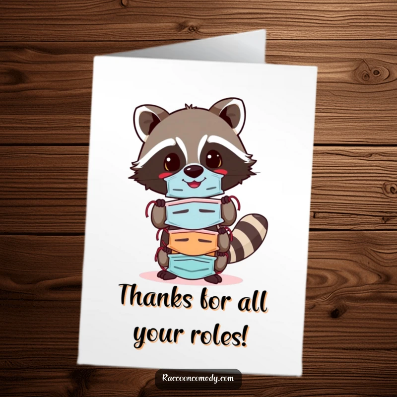 Funny Free Printable Thank You Card: Cheerful raccoon holding a pile of colorful masks, a funny way to say thanks.