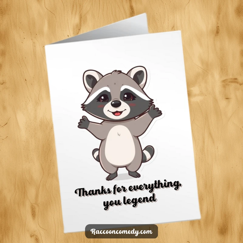 Funny free printable thank you card showing a happy raccoon dancing with paws up, expressing thanks with infectious, joyful energy.