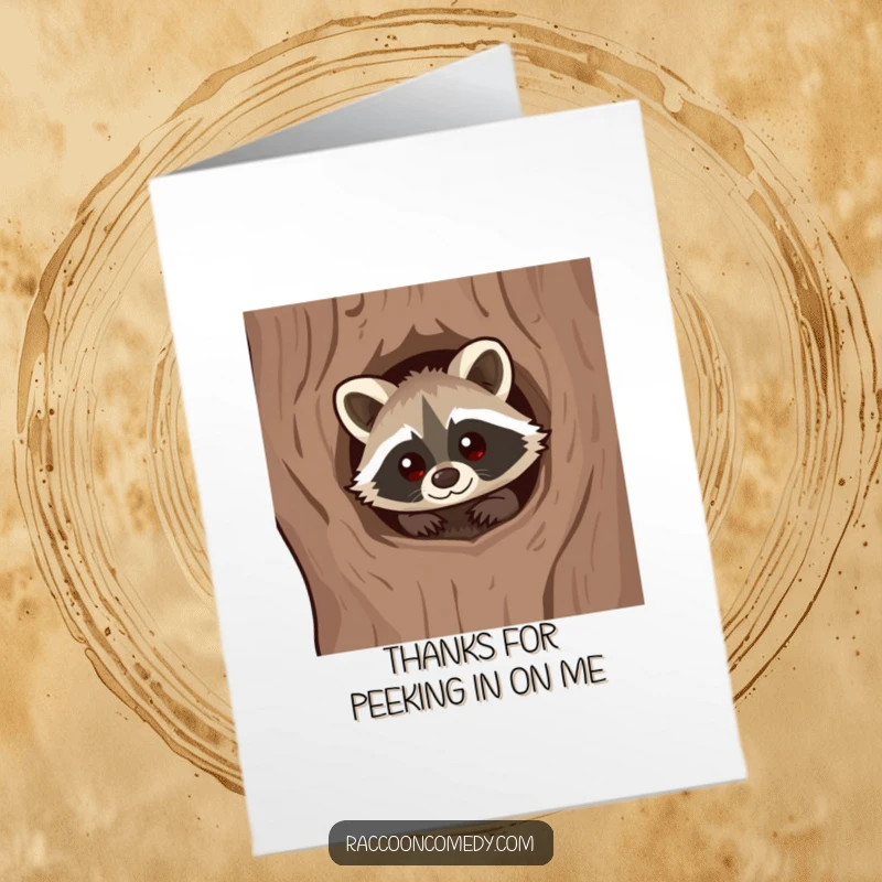 Funny Free Printable Thank You Card: A kawaii raccoon with a curious expression peeks from a tree, offering thanks.