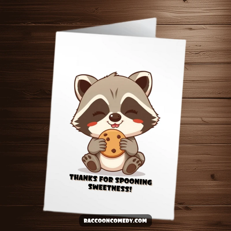 Funny Free Printable Thank You Card: Raccoon grins slyly, cookie in paw, expressing thanks with a funny, cheeky nod.