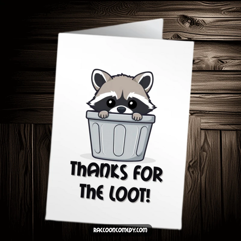 Funny Free Printable Thank You Card: A mischievous raccoon hiding behind a striped trash bin, offering a humorous thank you.