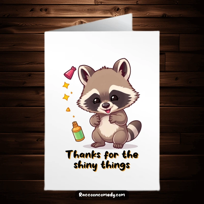 Funny Free Printable Thank You Card: A raccoon skillfully juggling shiny objects, a delightful and funny token of thanks.