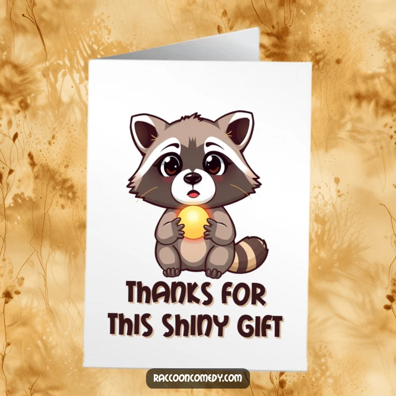 Funny free printable thank you card of a surprised raccoon holding a small, luminescent orb, a magical token of thanks.