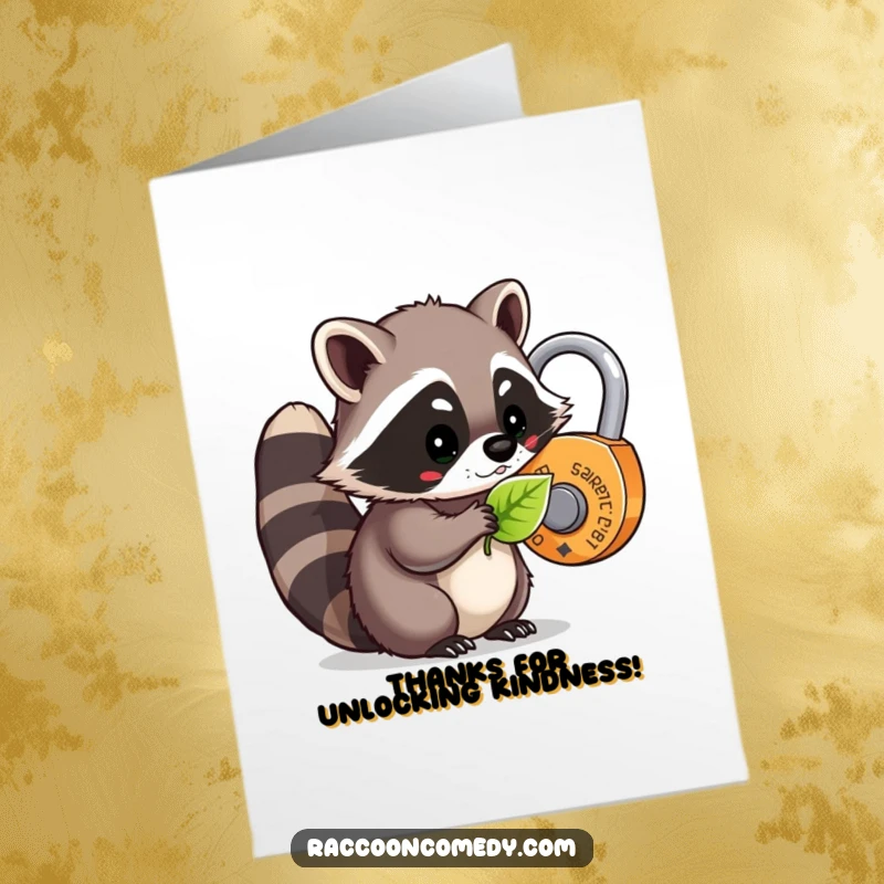 Funny Free Printable Thank You Card: A kawaii raccoon uses a leaf to unlock a special lock.