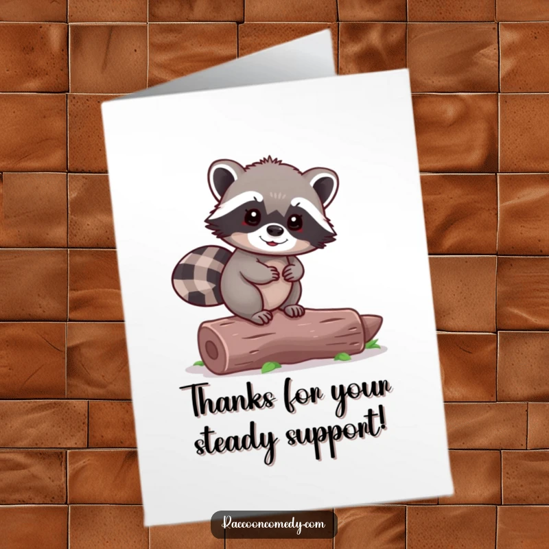 Funny Free Printable Thank You Card: Tiny raccoon confidently balancing on a log, sending thanks with a smile.