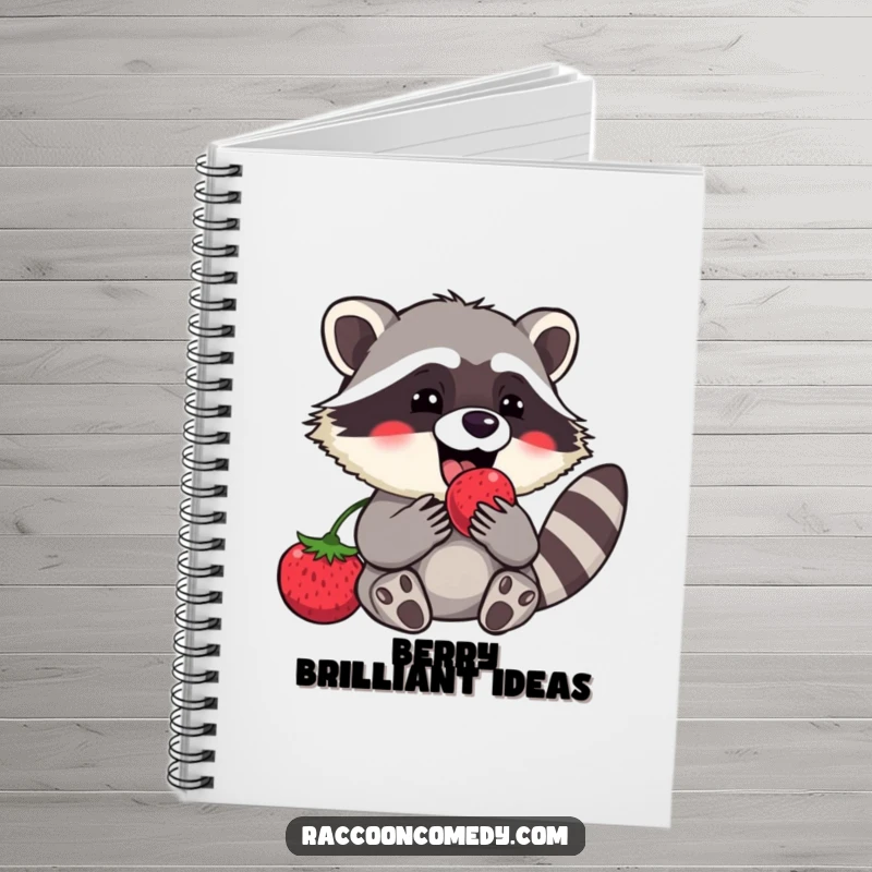 Funny raccoon notebook with a happy character focused on enjoying a delicious berry, perfect for capturing thoughts and hilarious ideas.
