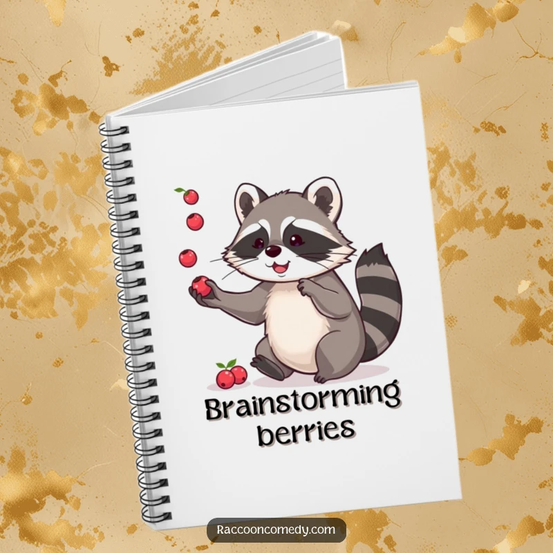 Funny notebook cover with a playful raccoon juggling berries, symbolizing a space for capturing talented ideas and humor.
