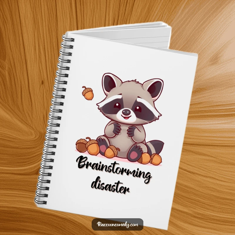 Funny kawaii raccoon with oversized paws attempting to juggle acorns, adorning the cover of a notebook for creative writing and notes.