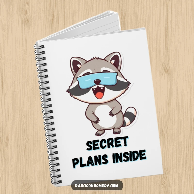Funny notebook with an excited raccoon wearing a mask, peeking out, ideal for writing notes with a touch of whimsical humor.