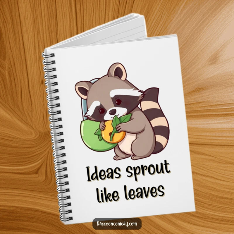 Funny kawaii raccoon using a leaf to unlock a lock on a notebook cover, inspiring creative problem-solving.