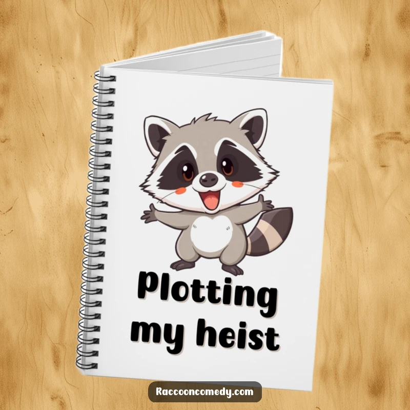Funny notebook featuring an excited raccoon, poised and ready for a secret mission or a daring adventure.