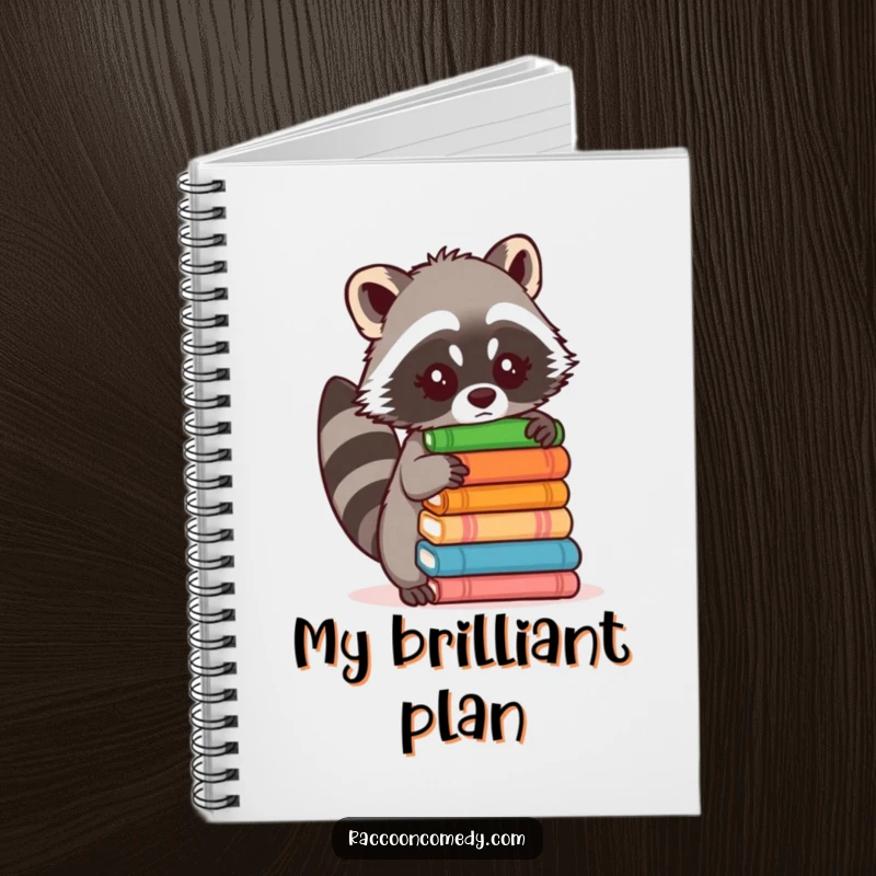 Funny notebook with a determined raccoon struggling to balance a stack of papers, perfect for jotting down chaotic thoughts.